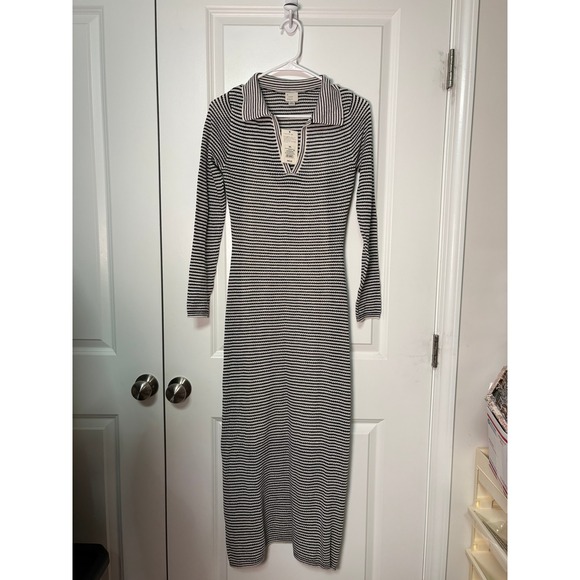 a new day Dresses & Skirts - A New Day Womens XS Black Cream Striped Long Sleeve Polo Sweater Midi Dress NWT
